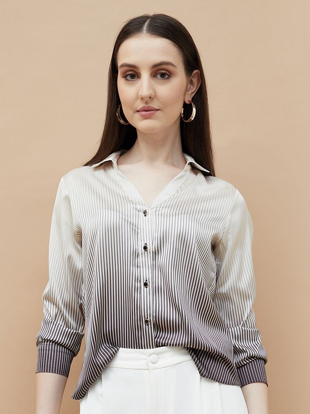 

CODE by Lifestyle Women Spread Collar Vertical Striped Casual Shirt, White