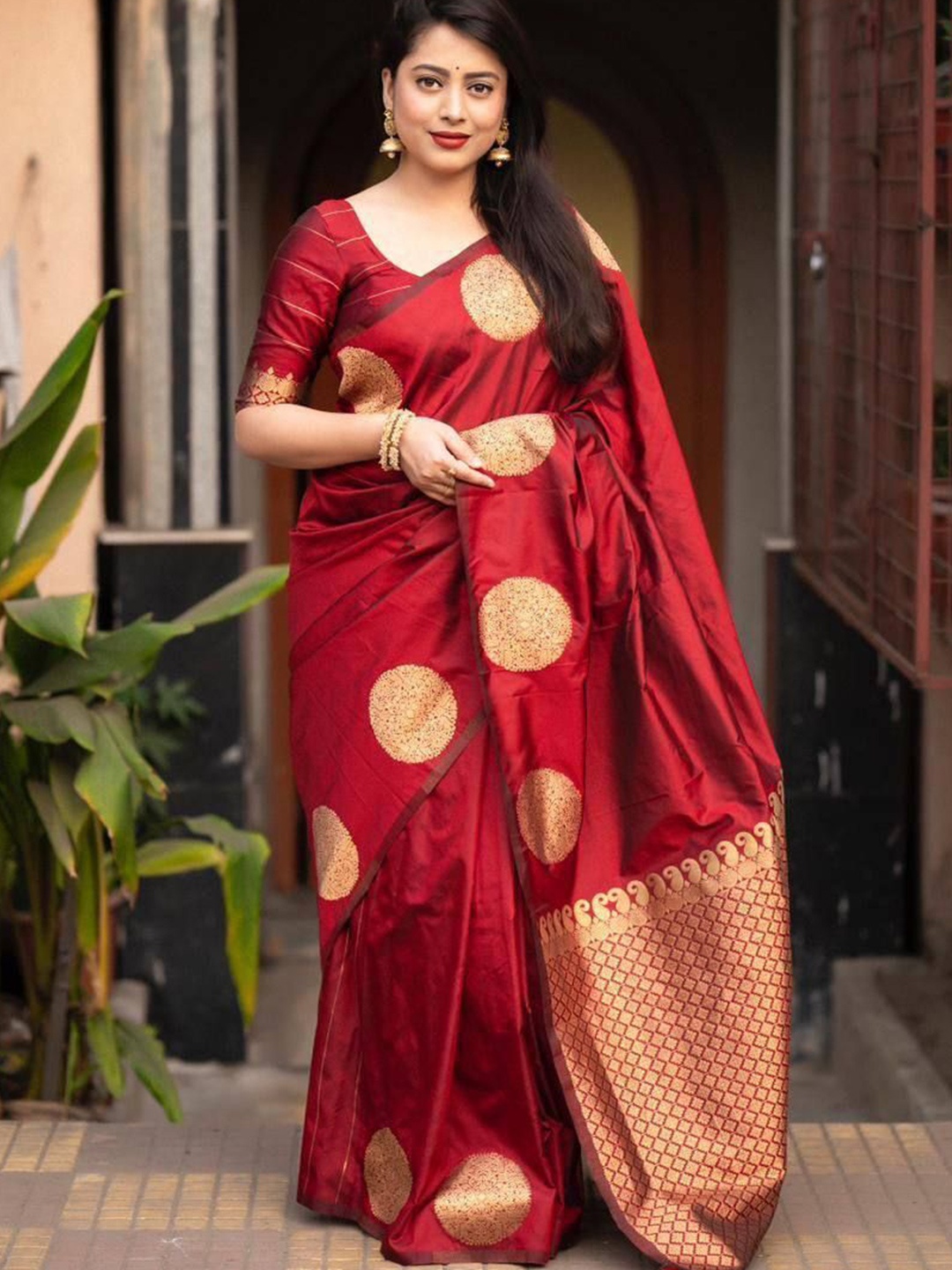 

bansari textiles Woven Design Zari Kanjeevaram Saree, Red