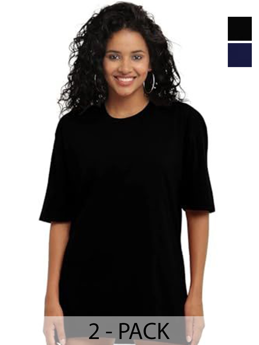 

NOTWILD Women Pack Of 2 Solid Round Neck Oversized T-shirts, Black