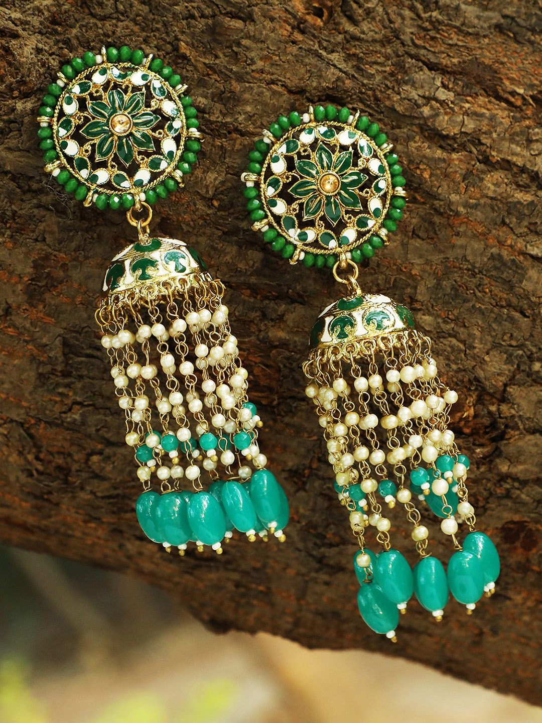 

Anouk Green Gold-Plated Artificial Beaded Dome Shaped Jhumkas