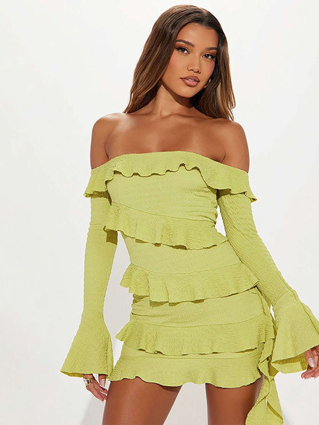 

StyleCast x Revolte Off-Shoulder Ruffled Bodycon Mini Dress, Green