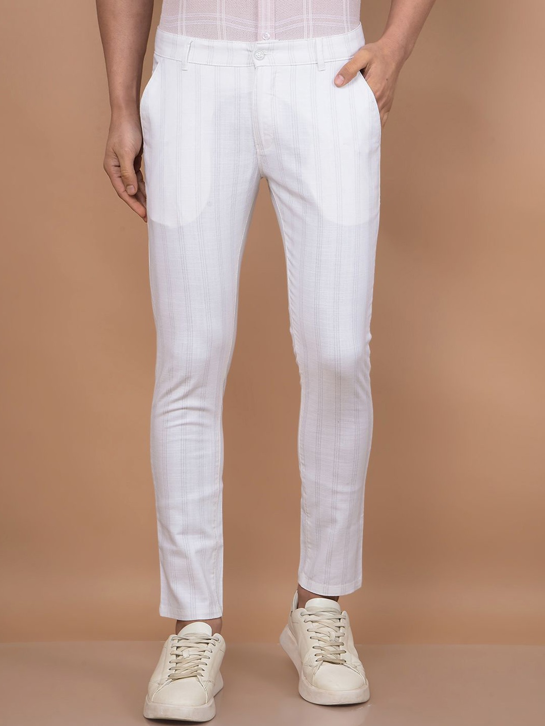 

Crimsoune Club Men Striped Smart Slim Fit Chinos Trousers, White