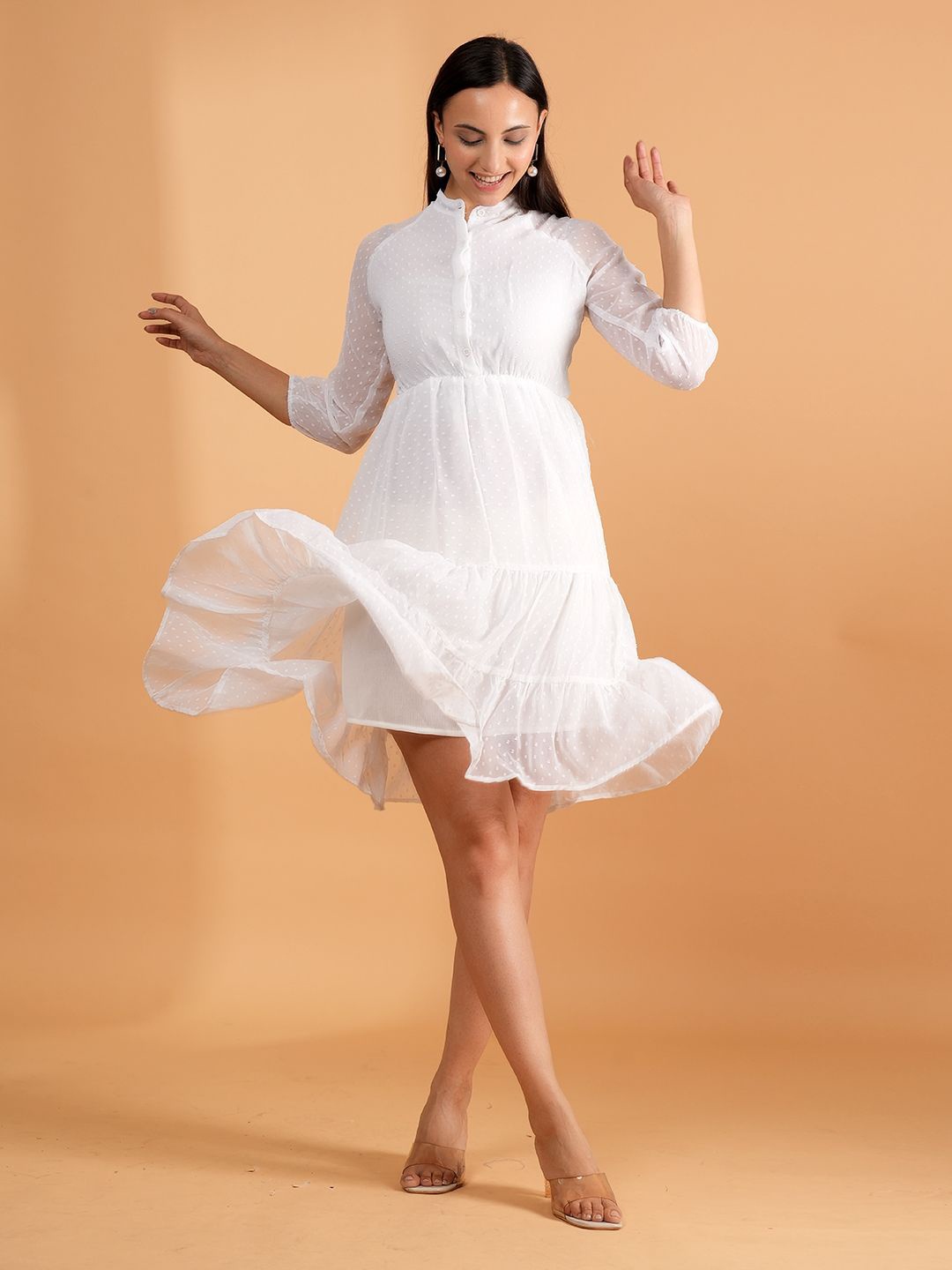 

BAESD Women Self Design Puff Sleeves Fit and Flare Dress, White