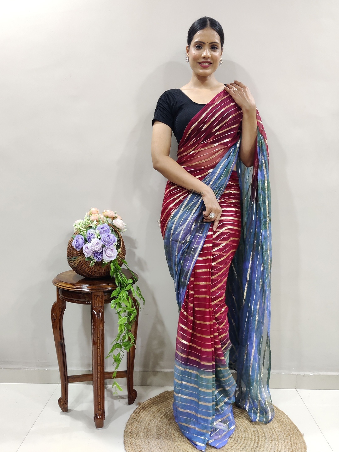 

bansari textiles Striped Kota Saree, Maroon