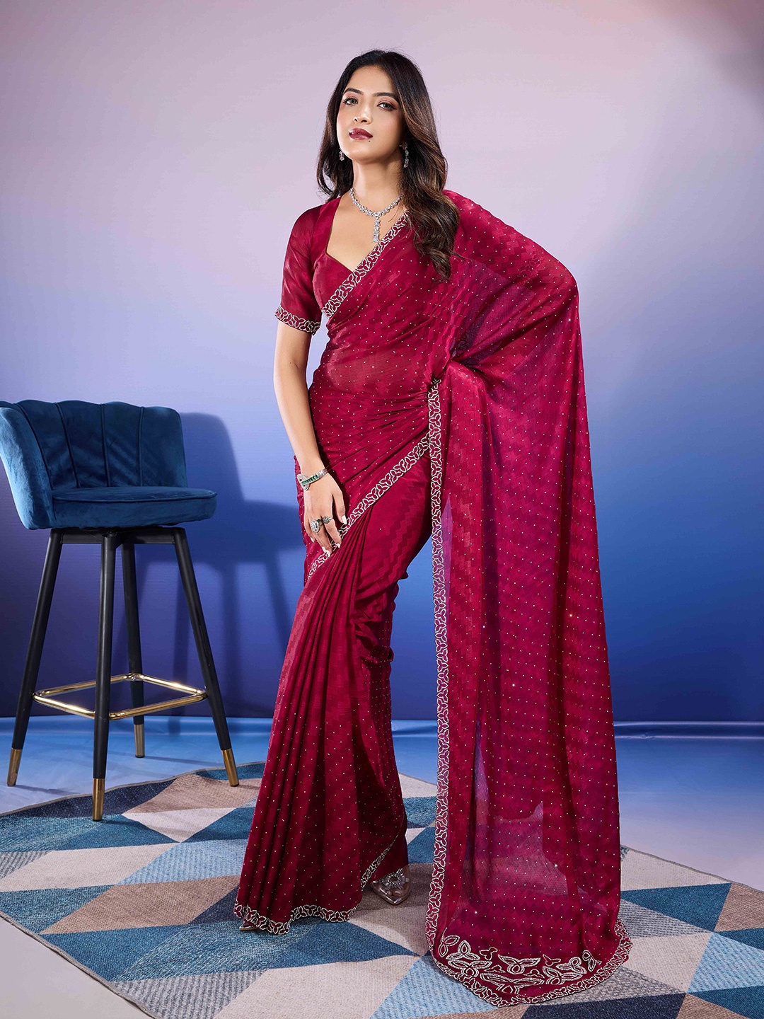 

Blissta Embellished Beads and Stones Poly Chiffon Saree, Magenta