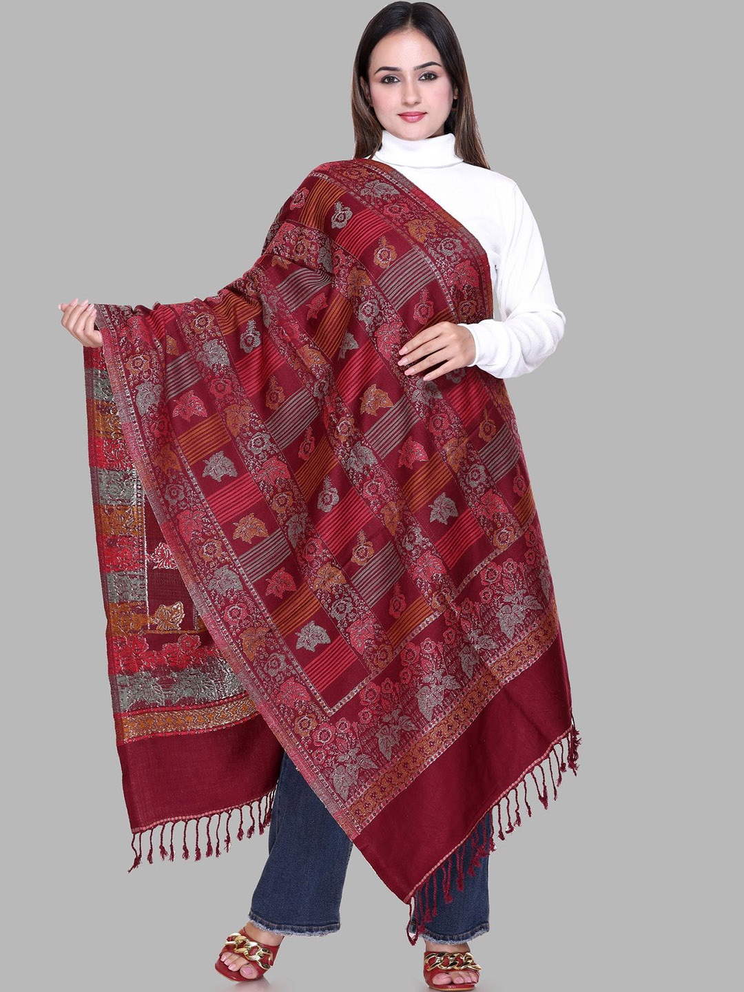 

Tones-N-Shades Women Ethnic Motifs Woven Design Shawl, Maroon
