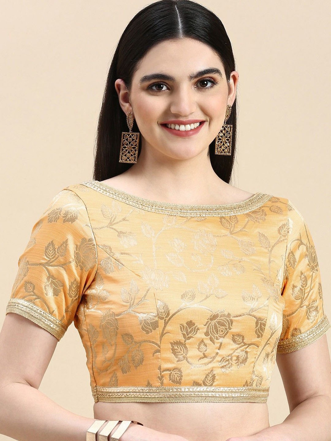 

Ethnovog Boat Neck Half Sleeve Saree Blouse, Peach