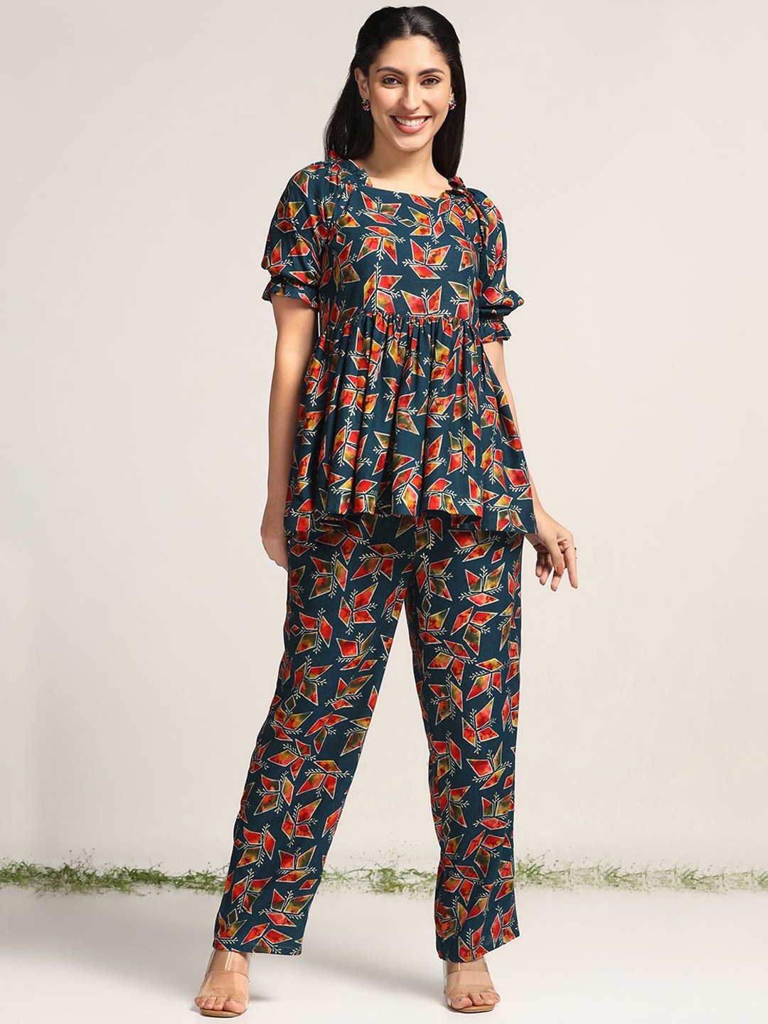 

Moda Rapido Geometric Printed Square Neck Puff Sleeves Tunic With Trouser, Teal