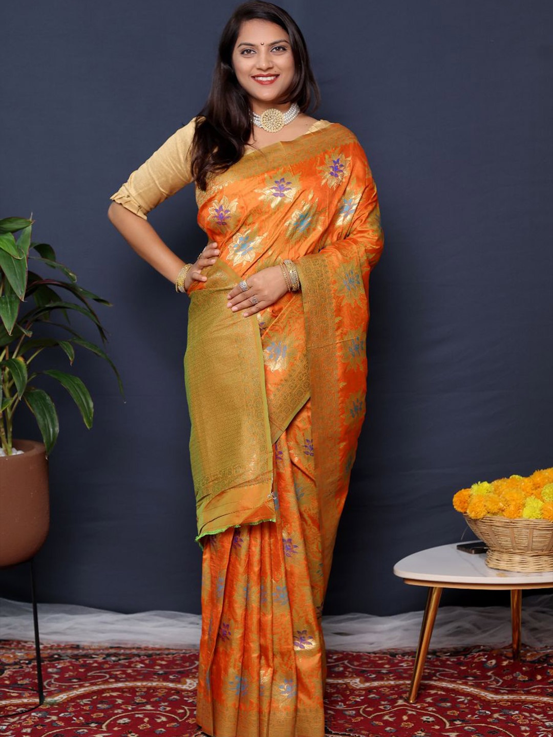 

amirat Gulmohar Ethnic Motifs Woven Design Zari Pure Silk Banarasi Saree, Mustard