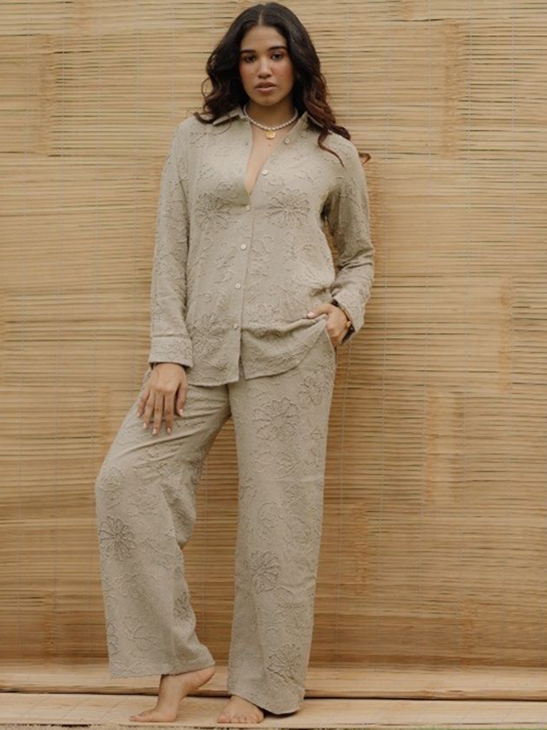 

LABEL SUGAR Floral Embroidered Linen Shirt With Trousers Co-Ords, Grey