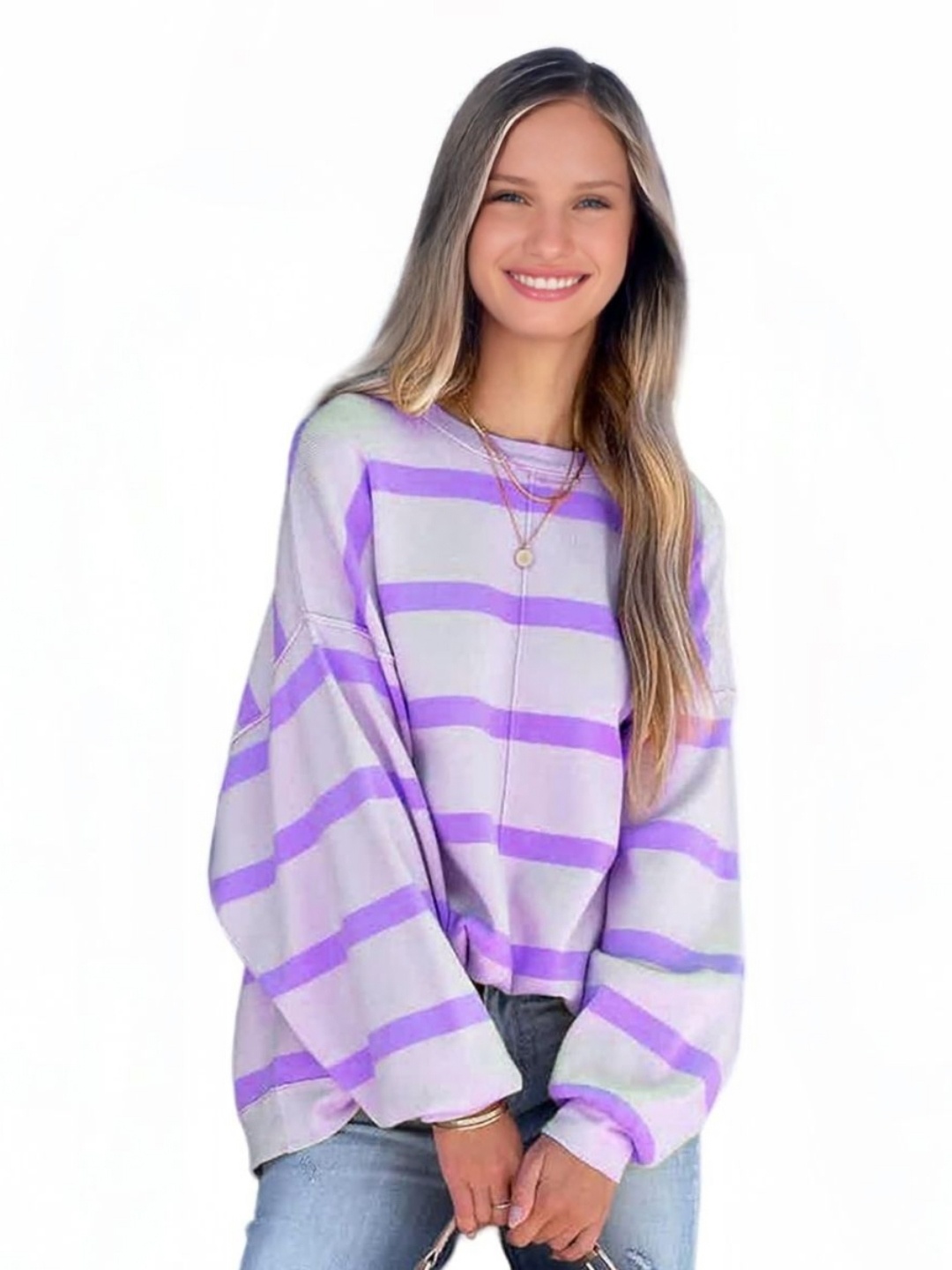 

StyleCast Women Striped Round Neck Cotton Oversized T-shirt, Purple