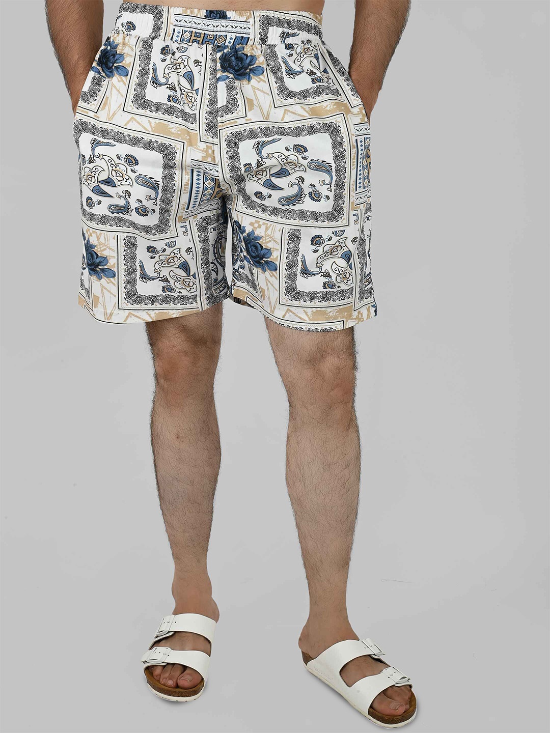 

Blissence Men Floral Printed Cotton Lounge Shorts, White