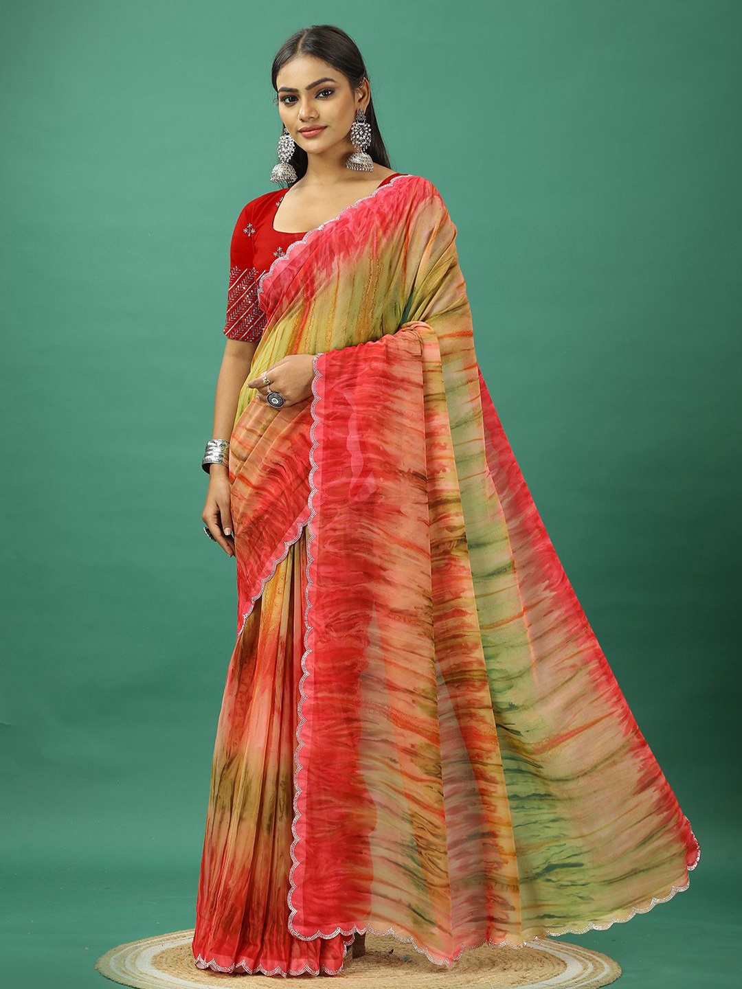 

NIRMAL CREATION Beads and Stones Pure Georgette Saree, Cream