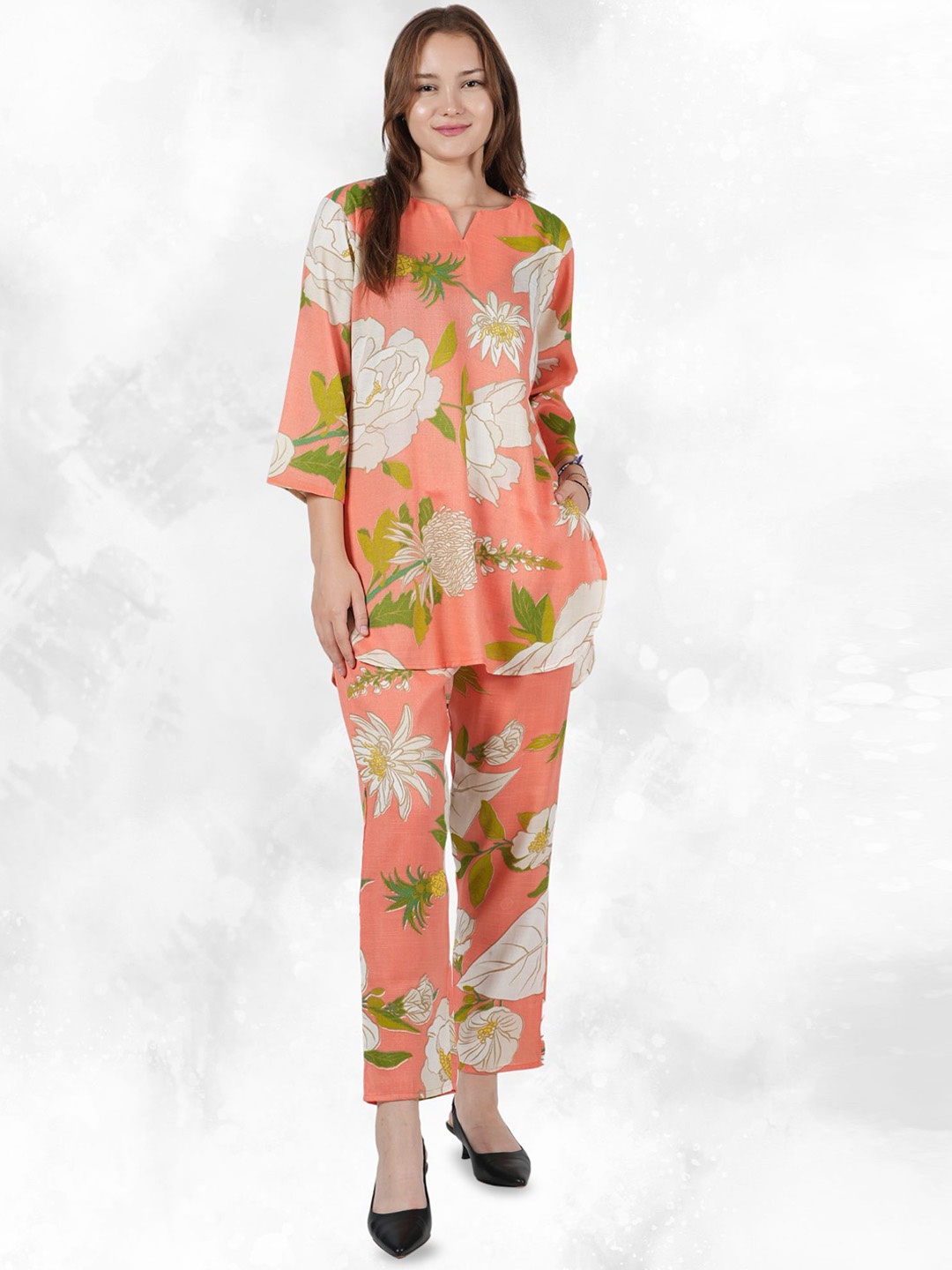 

NEYSA Floral Printed Notch Neck Pure Cotton Tunic With Trouser, Peach