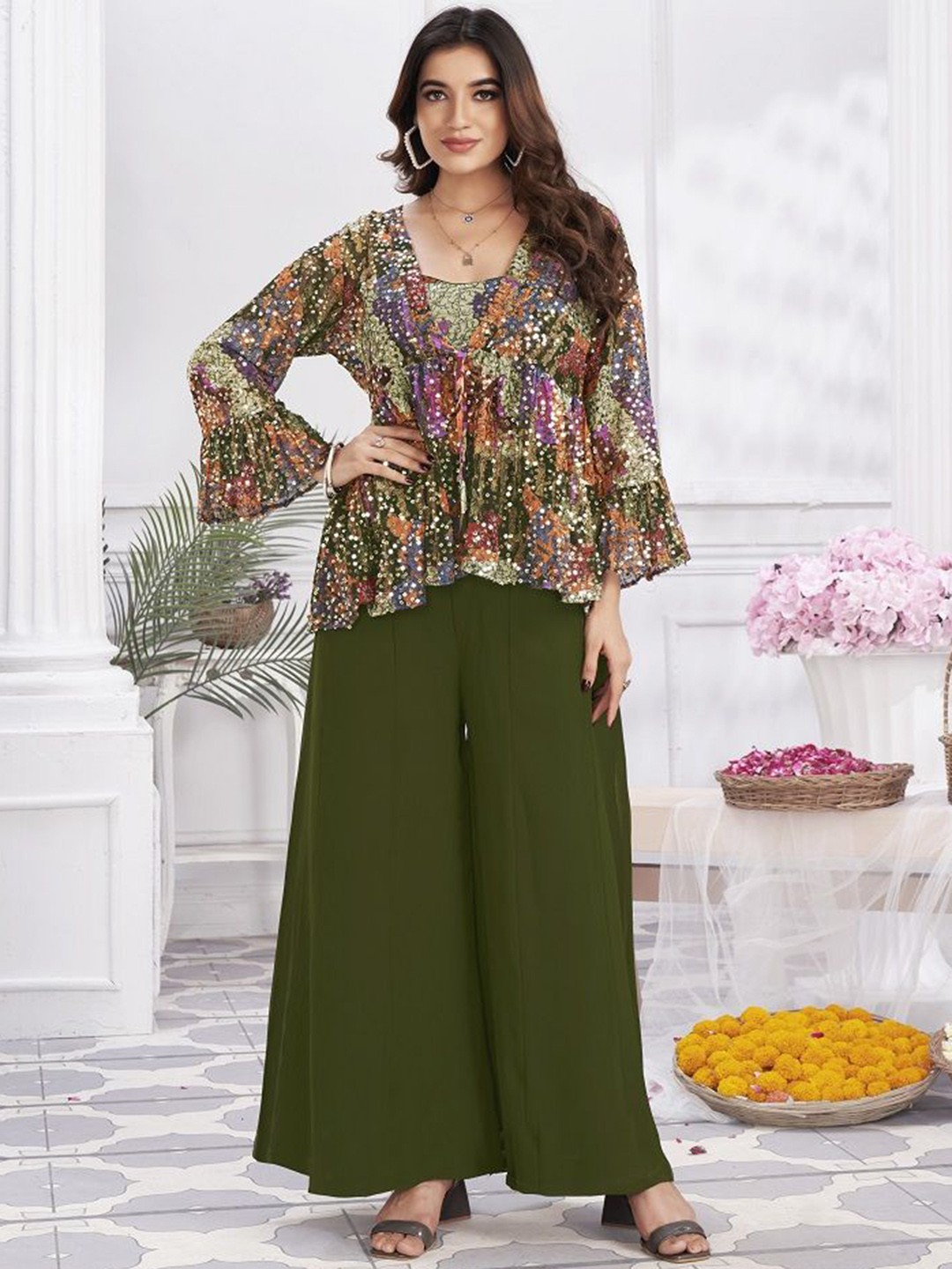 

Krimmple Floral Printed Embellished Top With Palazzo And Shrug, Green