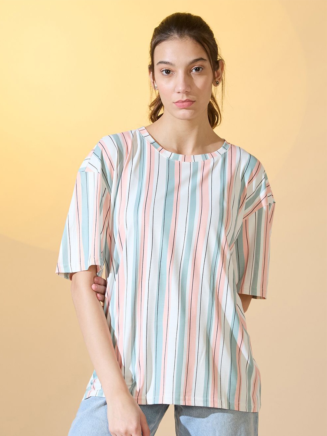 

DressBerry Women Striped Regular Fit Drop-Shoulder Sleeves Top, White
