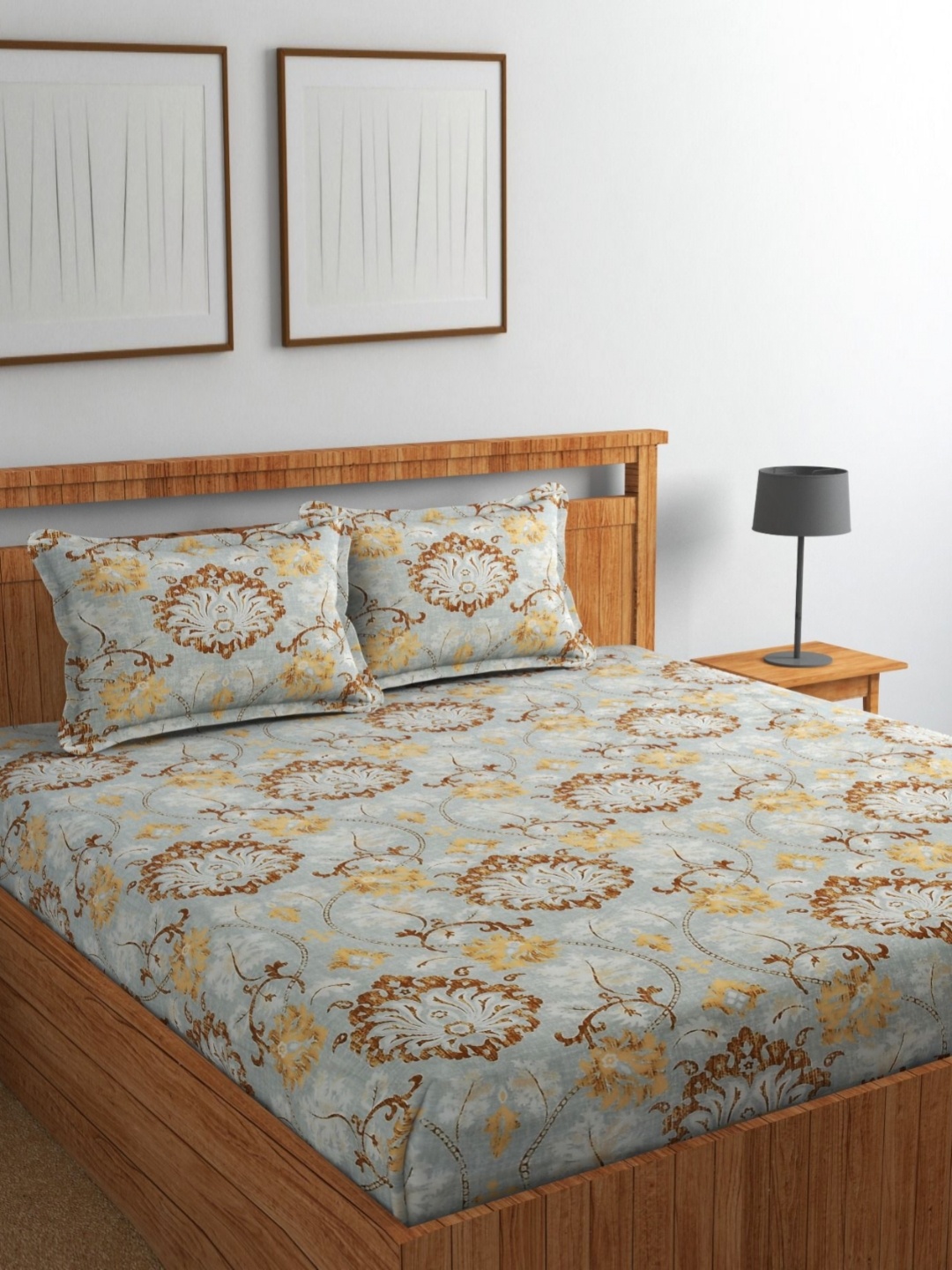 

Jizzby Grey & Brown Floral Printed 240 TC Cotton Queen Bedsheet Set 2.28 m x 2.54 m