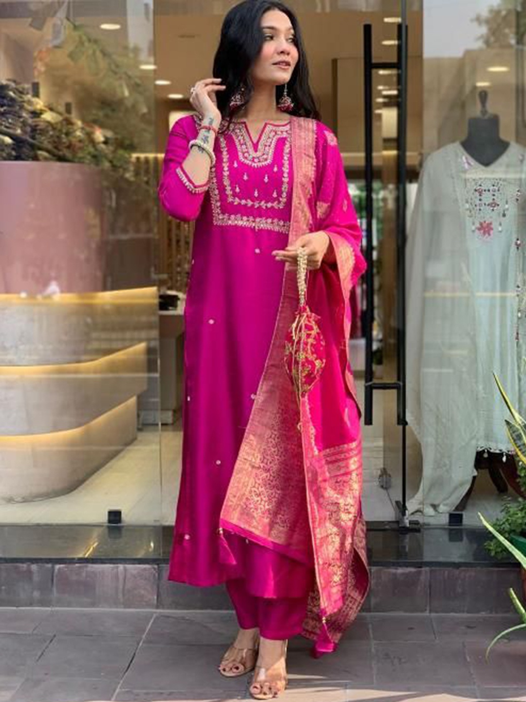 

Moda Rapido Ethnic Motifs Embroidered Notch Neck Straight Kurta With Trousers And Dupatta, Pink