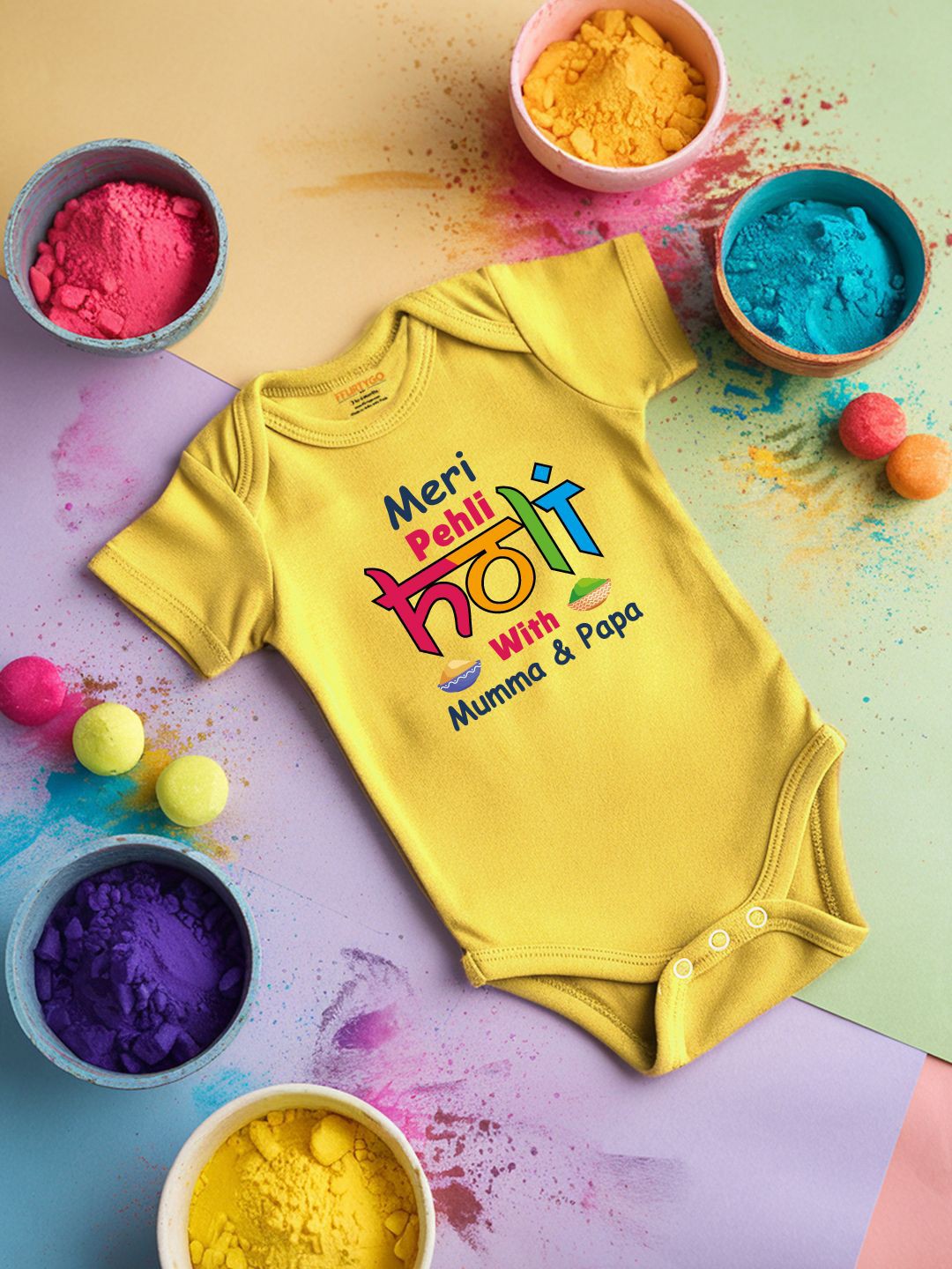 

FFLIRTYGO Infants Holi Printed Cotton Bodysuit, Yellow