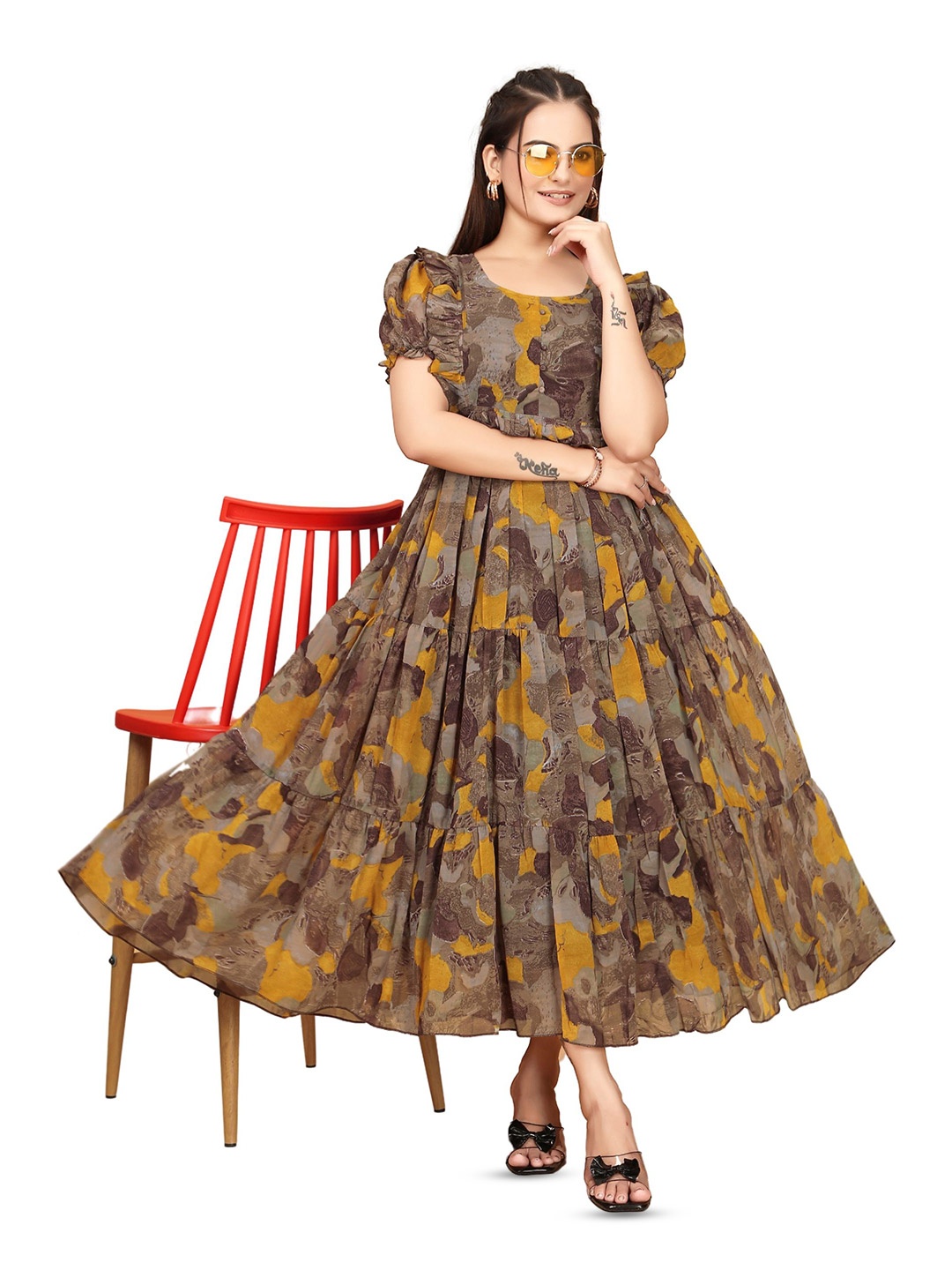 

Anouk Floral Print Puff Sleeve Maxi Dress, Brown