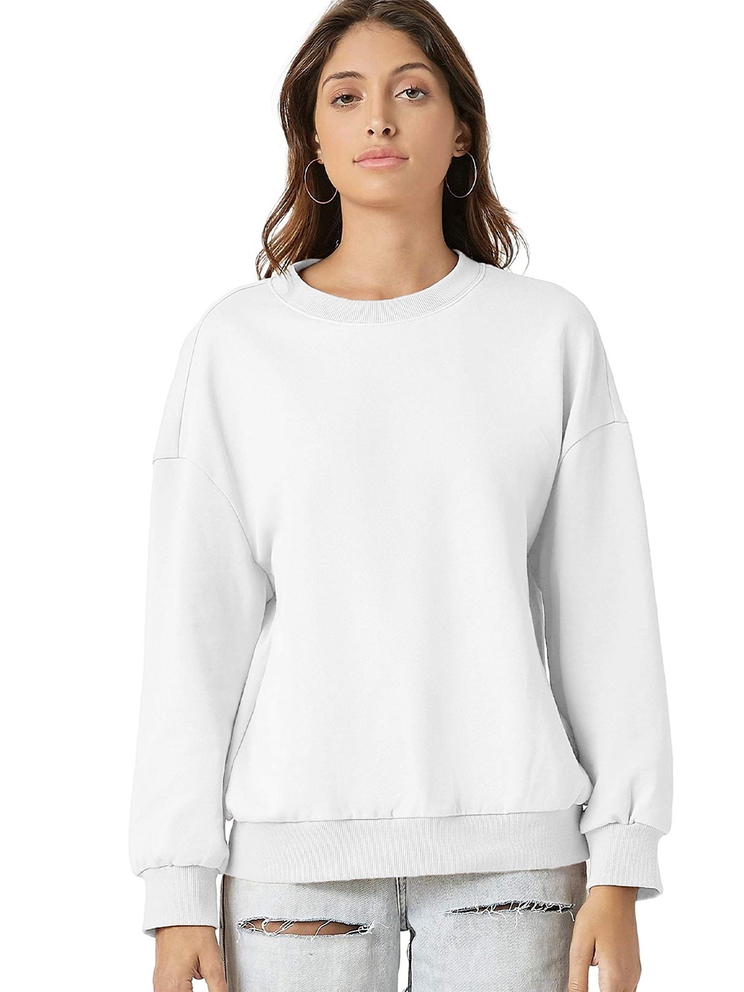 

NOTWILD Women Round Neck Cotton Sweatshirt, White