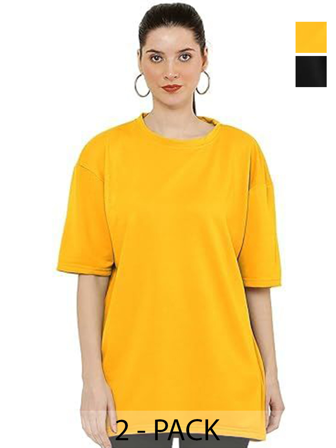 

NOTWILD Women Pack Of 2 Solid Round Neck Cotton T-shirts, Yellow