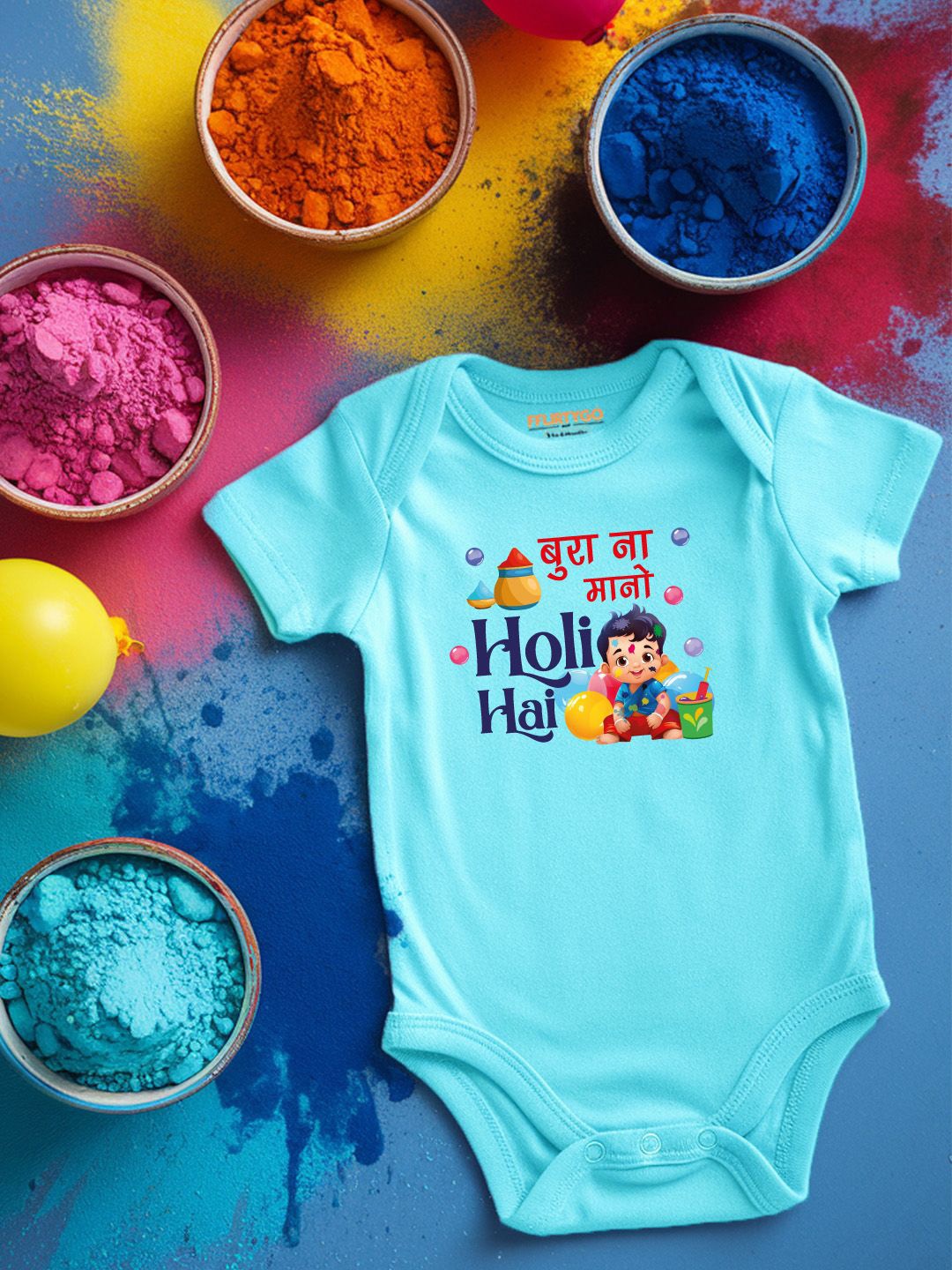

FFLIRTYGO Infants Holi Printed Cotton Bodysuit, Turquoise blue