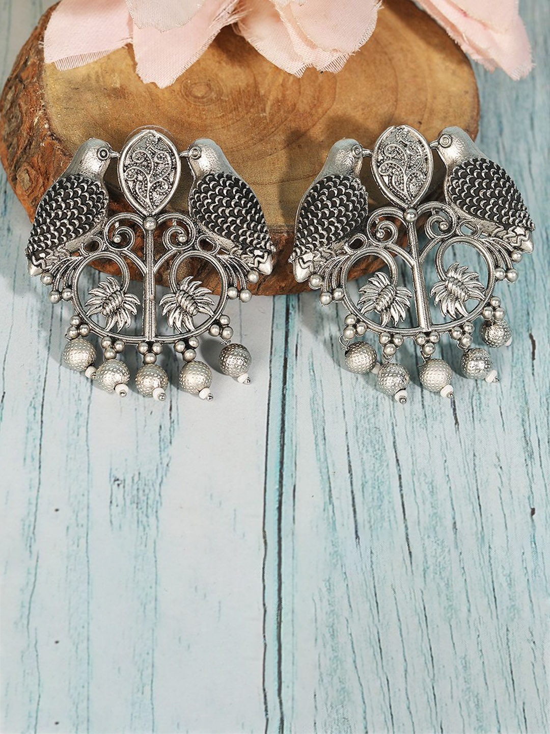 

Anouk White Silver-Plated Artificial Beaded Peacock Shaped Drop Earrings