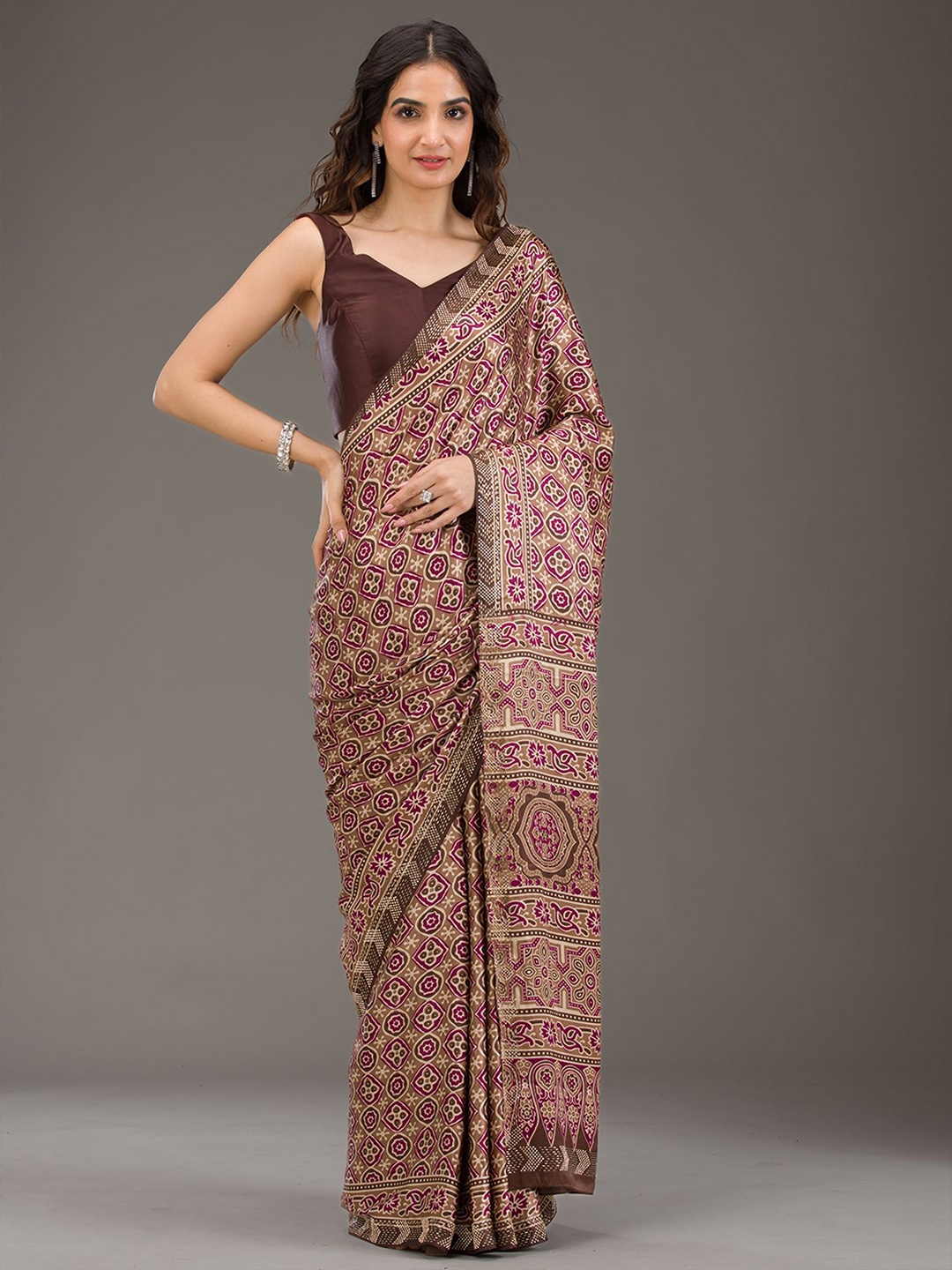 

Koskii Brown Printed Silk Saree