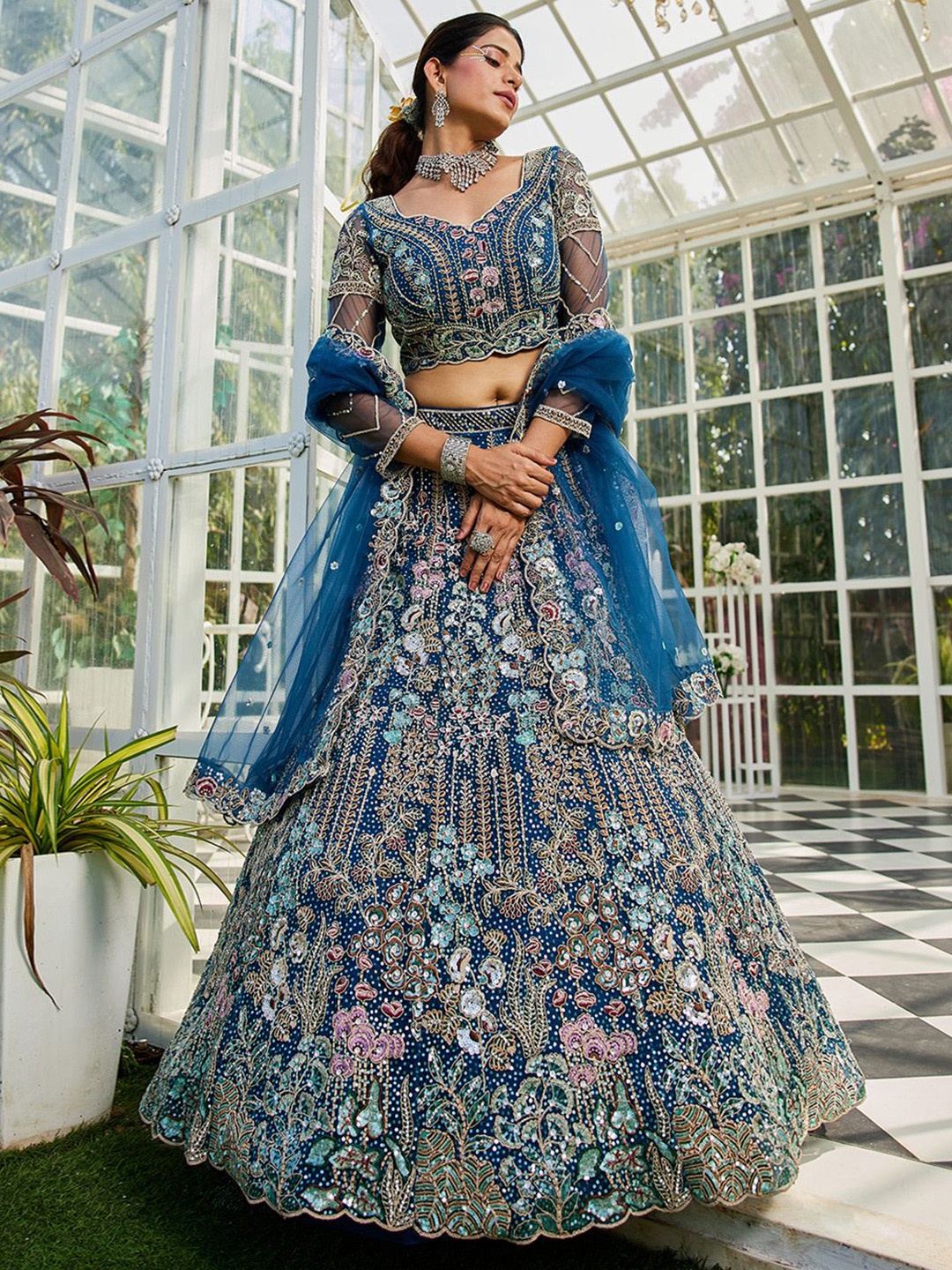 

panchhi Zarkan Embroidered Beads and Stones Net Semi-Stitched Lehenga Choli, Navy blue