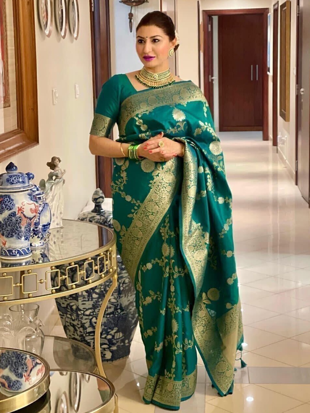 

bansari textiles Woven Design Zari Kanjeevaram Saree, Green