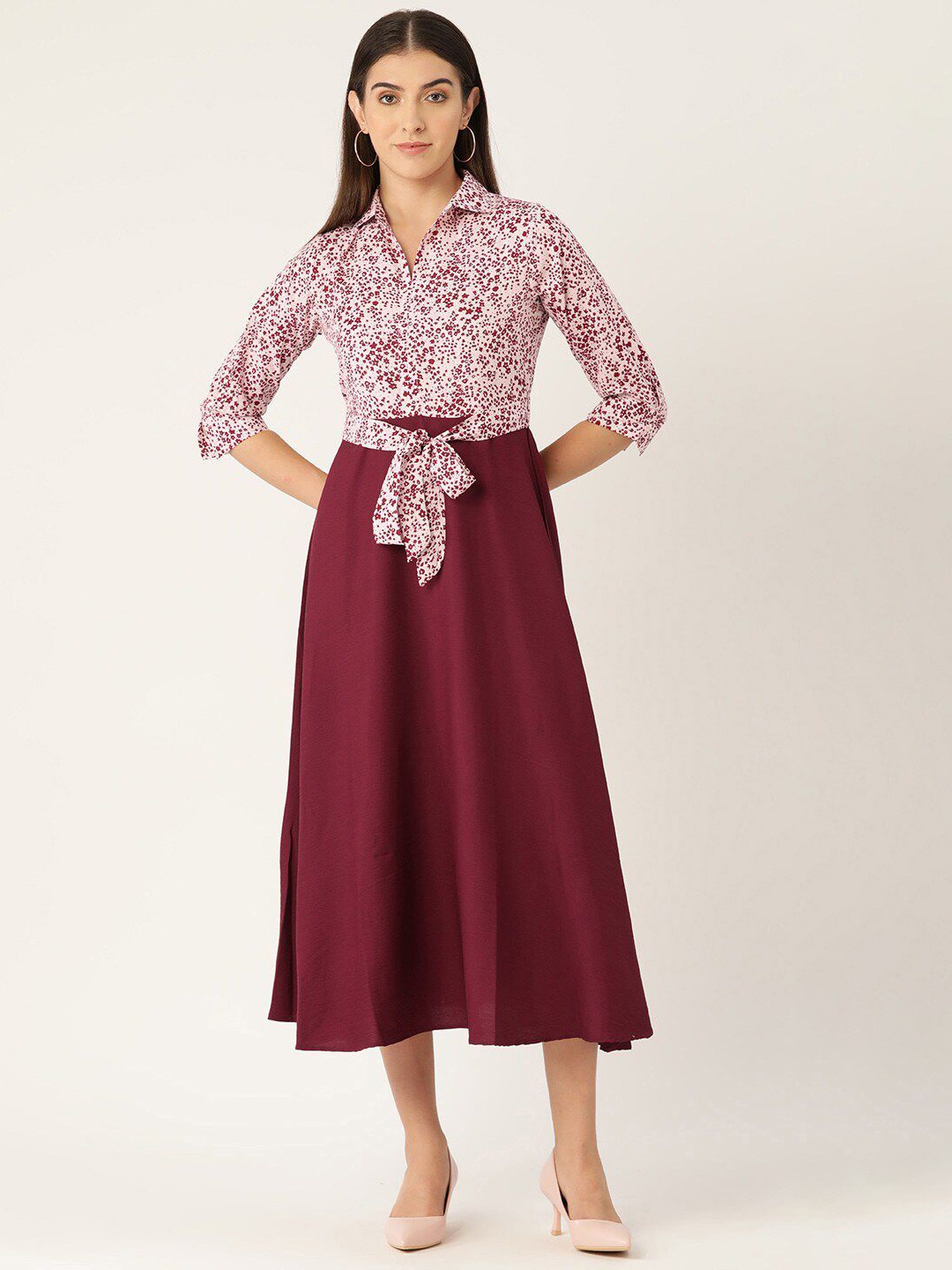 

DressBerry Floral Print Crepe Shirt Midi Dress, Maroon