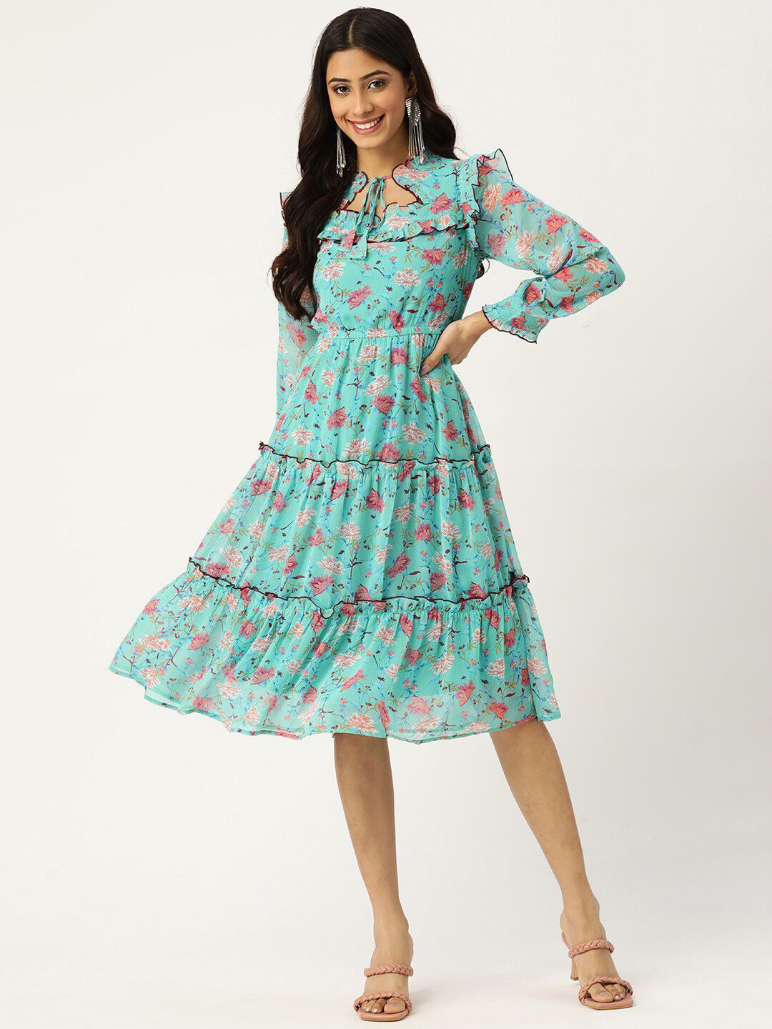 

DressBerry Floral Print Tie-Up Neck Bell Sleeve Georgette Fit & Flare Dress, Turquoise blue
