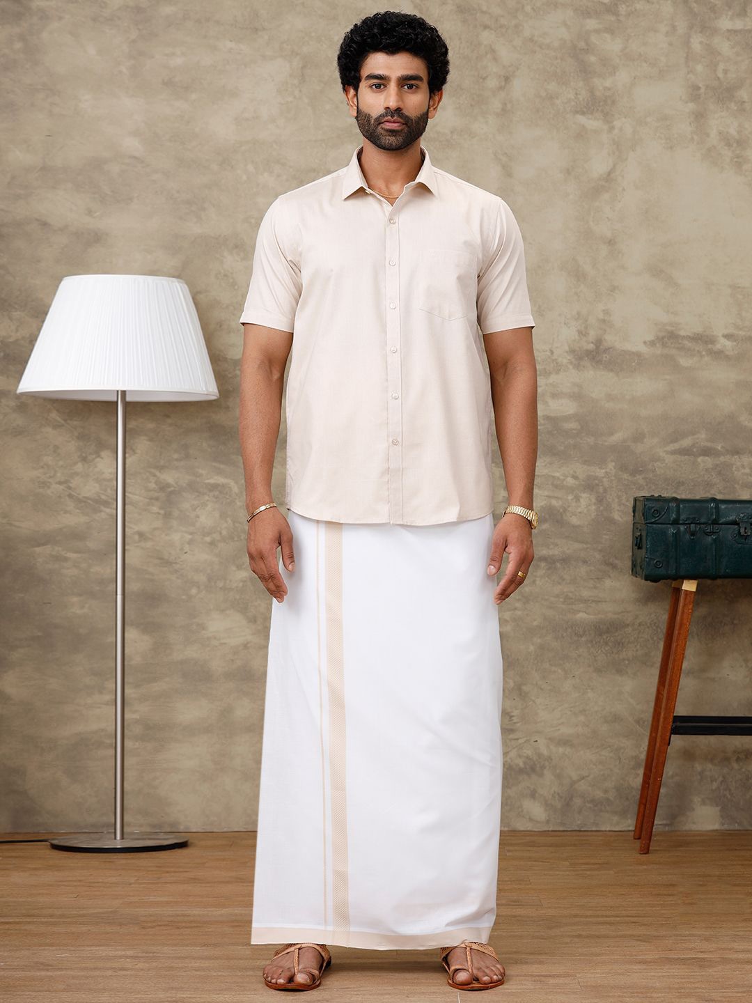 

Ramraj Men Half Sleeve Solid Shirt With Matching Border Dhoti, Beige