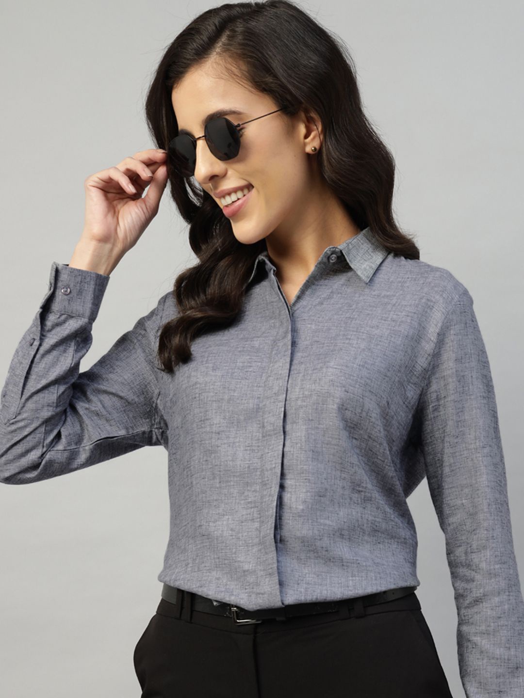 

Hancock Women Classic Fit Spread Collar Solid Cotton Formal Shirt, Grey