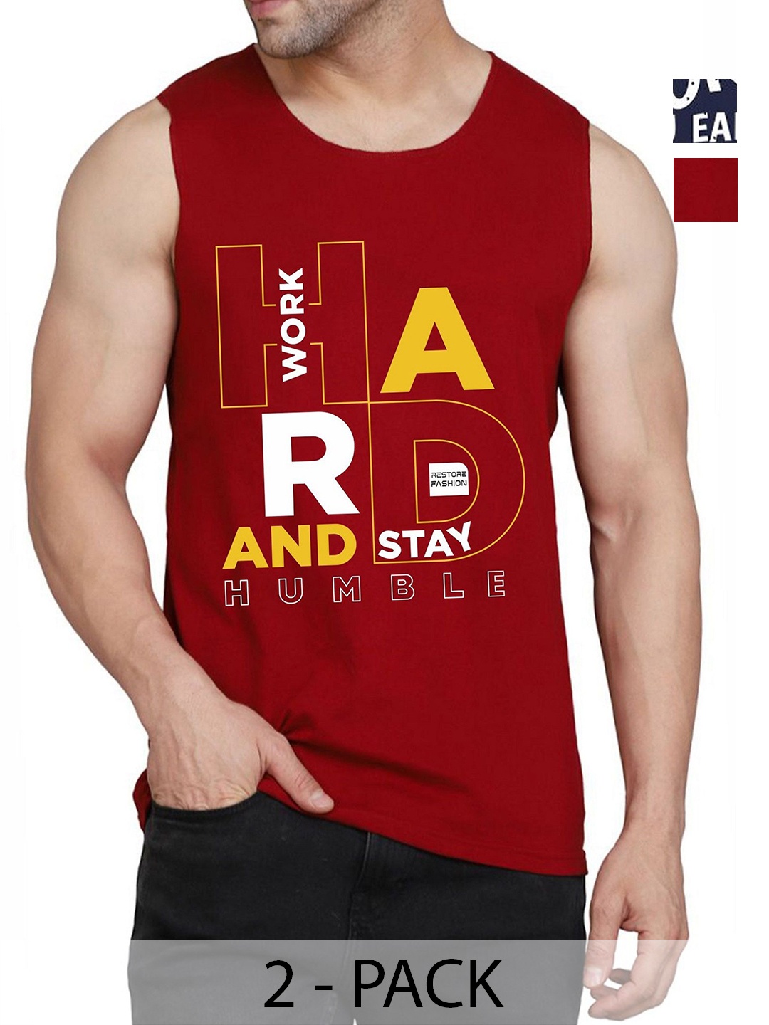 

WOOSTRO Men Pack Of 2 Typography Printed Round Neck Cotton Slim Fit T-shirts, Maroon