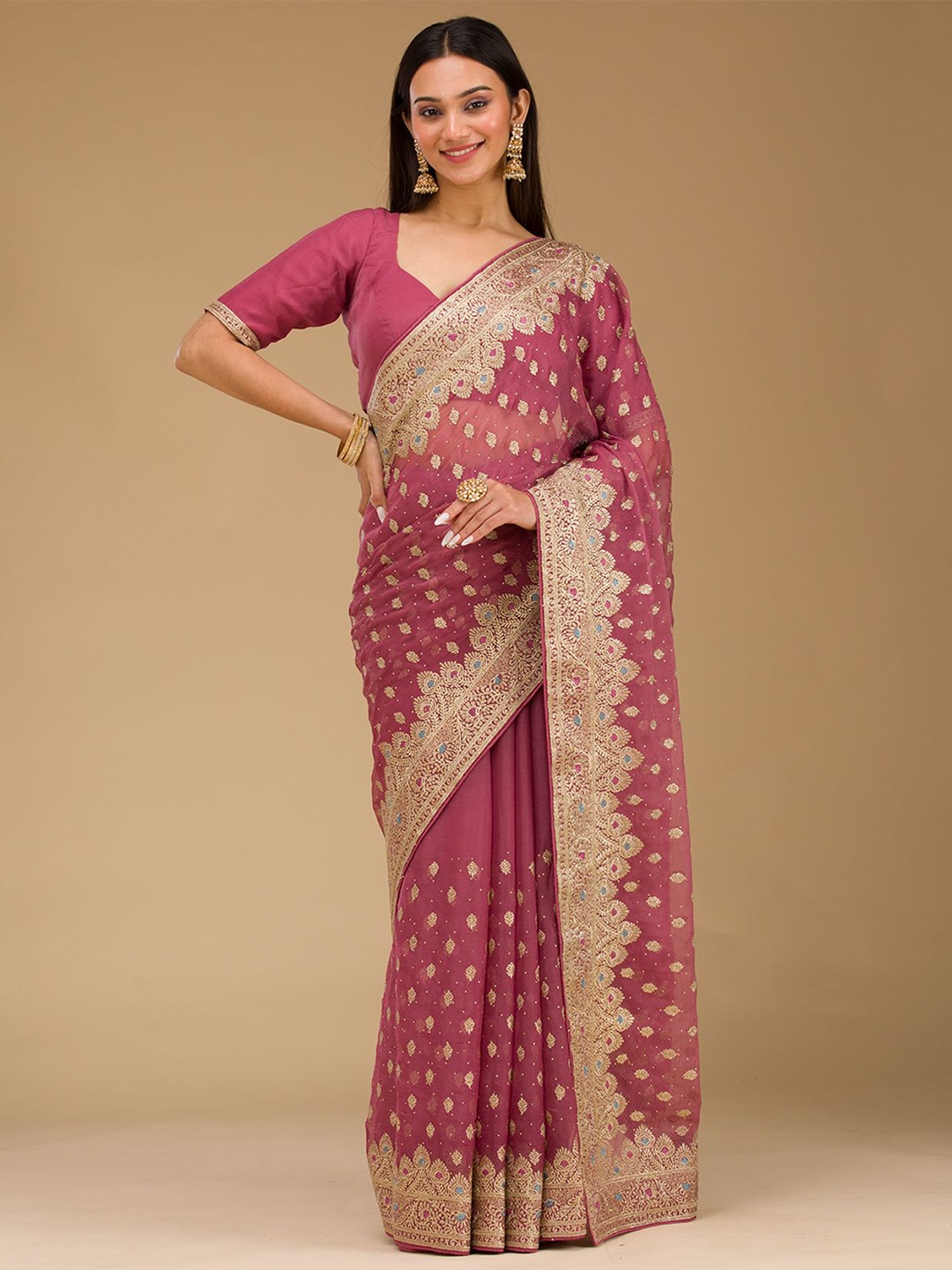 

Koskii Onion Pink Zariwork Chiffon Saree