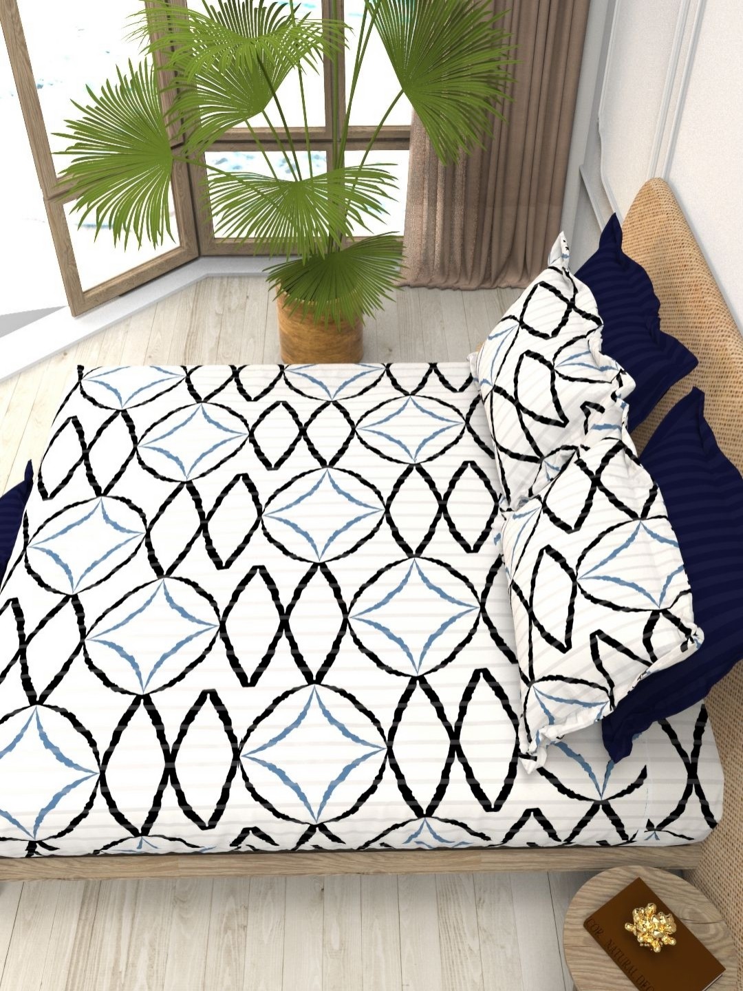 

THE WHITE MOSS Christe Luxury White Geometric Cotton 200TC King Bedsheet Set -2.5m x 2.75m