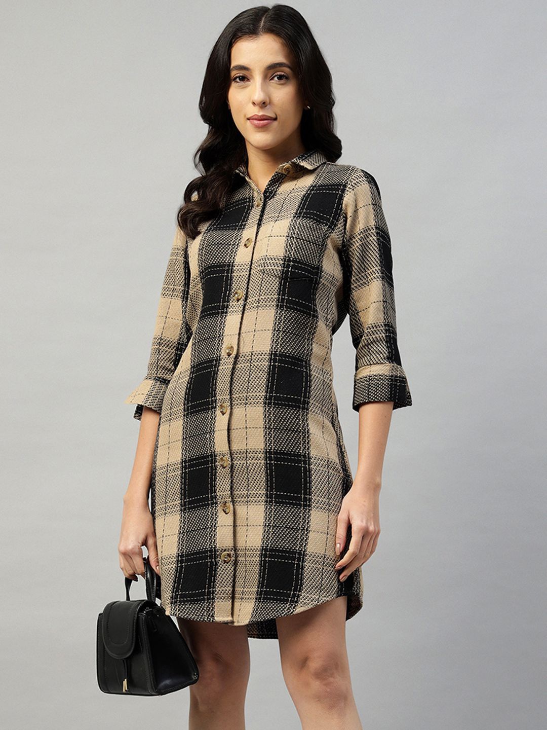 

English Navy Women Checked Formal Shirt Dress, Beige