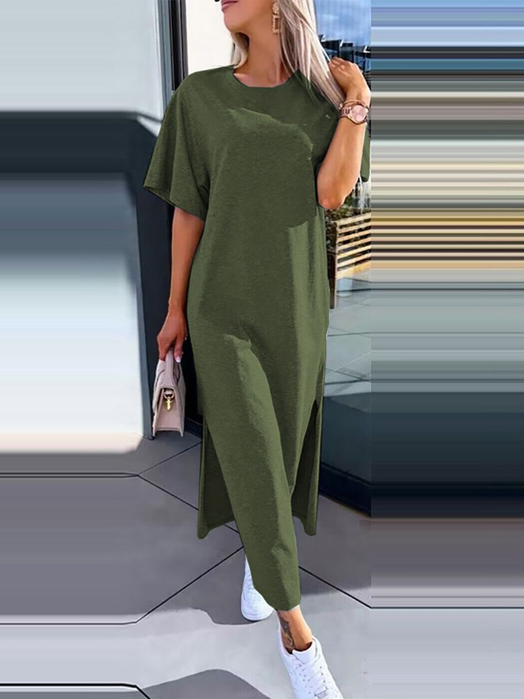 

StyleCast x Revolte Women Round Neck A-Line Maxi Dress, Olive