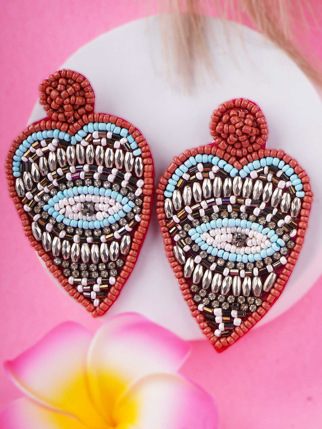 

Sangria Red Artificial Stones Studded And Beaded Contemporary Shaped Drop Earrings