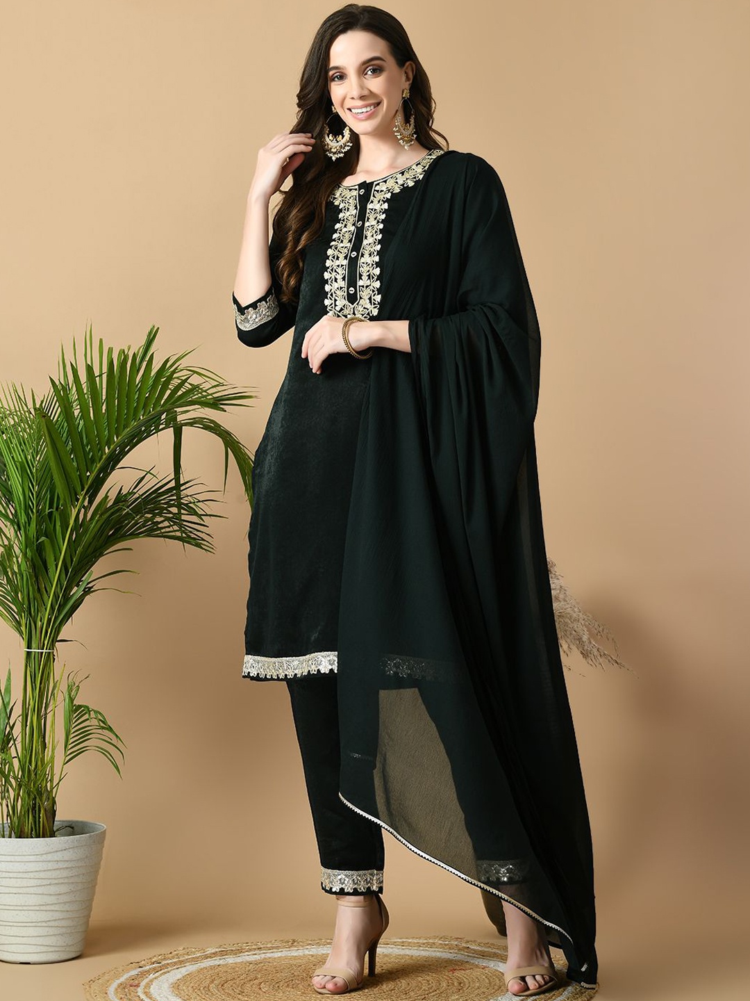 

Sangria Green Yoke Design Gotta Patti Velvet Straight Kurta With Trouser And Dupatta