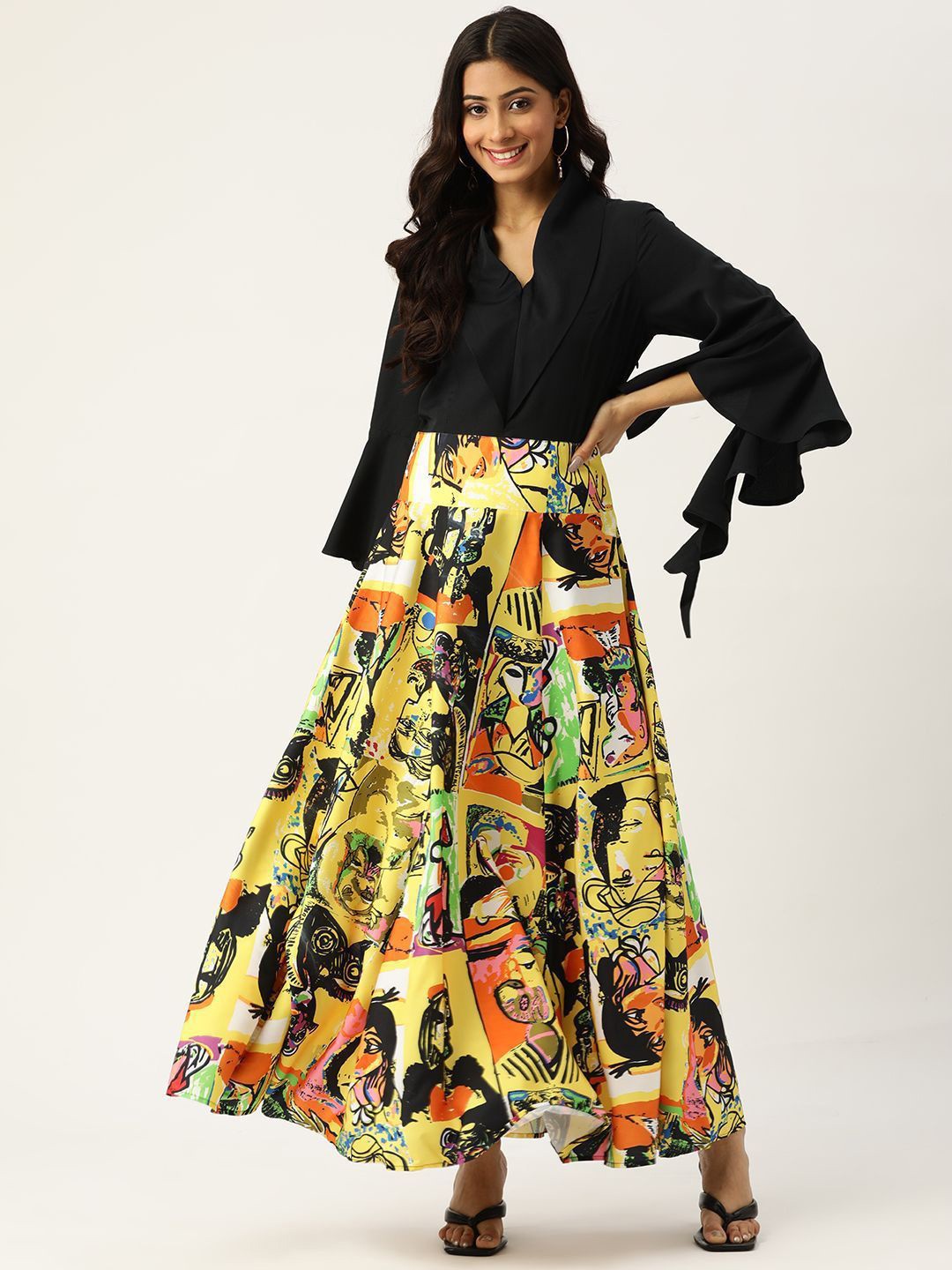 

DressBerry Floral Print Bell Sleeve Crepe Fit & Flare Maxi Dress, Black