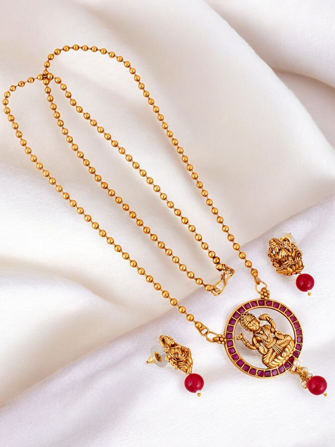 

LUCKY JEWELLERY Gold -Plated Studded And Beaded Goddess Laxmi Temple Necklace And Earrings