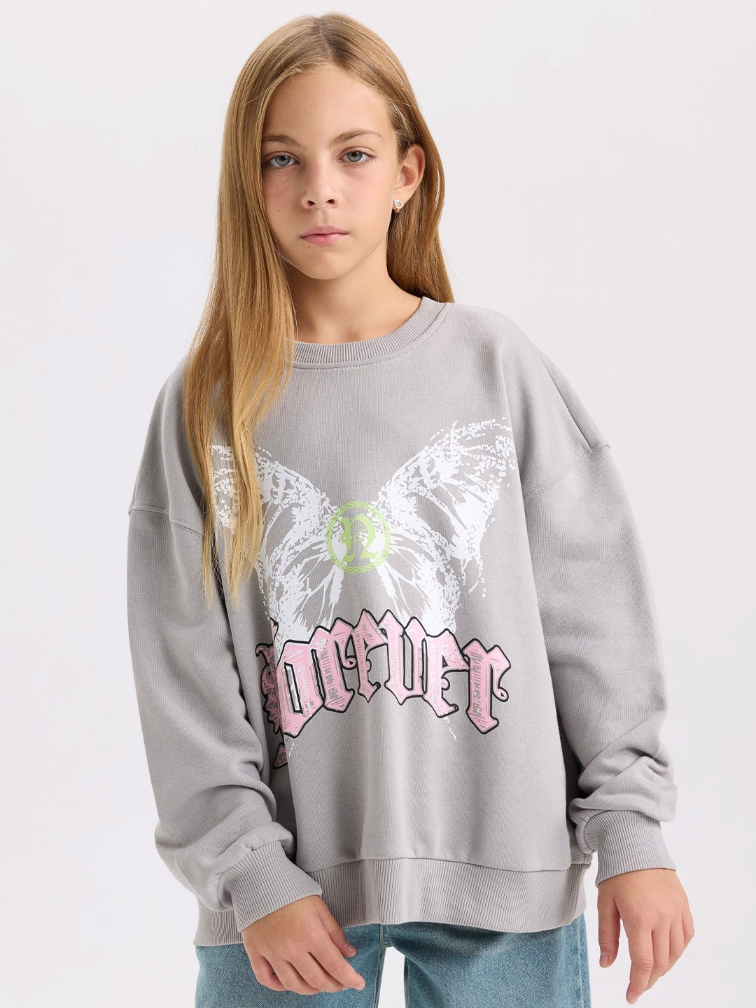 

DeFacto Girls Typography Printed Cotton Pullover, Grey