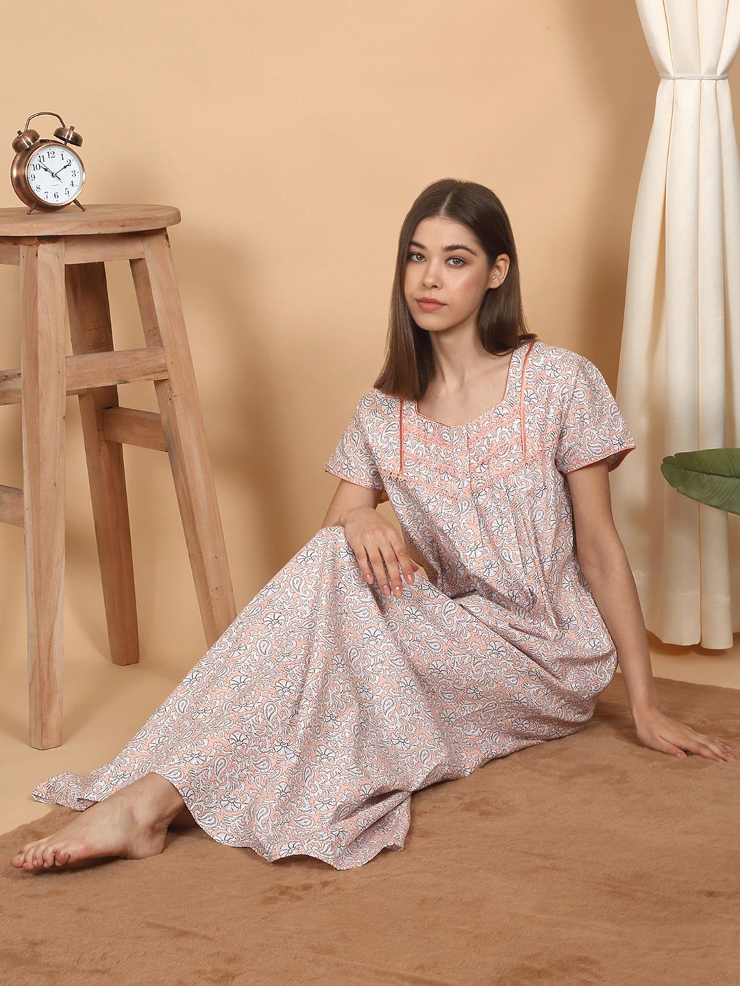 

SAANJ Women Printed Pure Cotton Maxi Nightdress, Peach