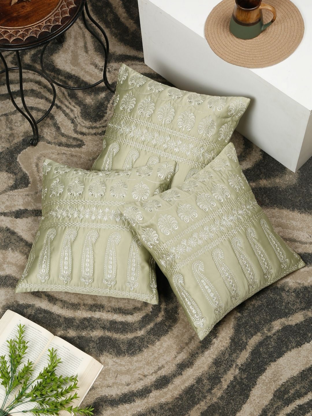 

SOKNACK Green & Silver-Toned 3 Pieces Ethnic Motifs Embroidered Square Cushion Covers, Olive