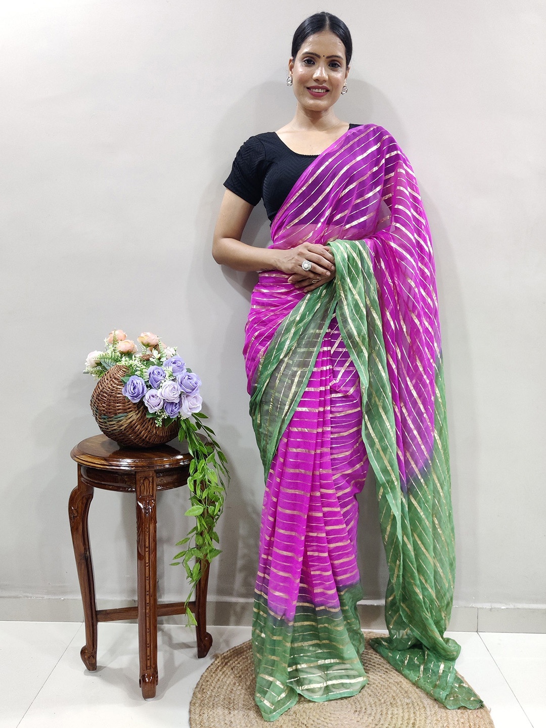 

bansari textiles Striped Organza Kota Saree, Pink