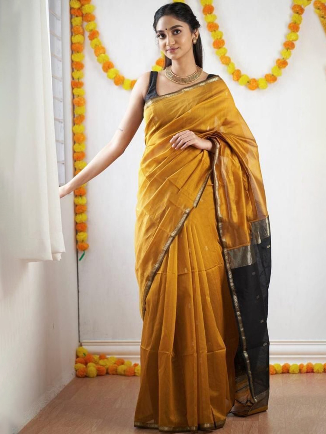 

bansari textiles Woven Design Zari Pure Cotton Kota Saree, Mustard