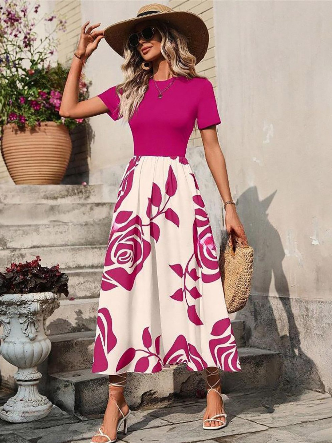 

StyleCast x Revolte Women Floral Printed A-Line Midi Dress, Fuchsia